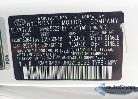 2017 Hyundai Santa Fe Se z USA, uszkodzony, nr VIN KM8SMDHF9HU216023